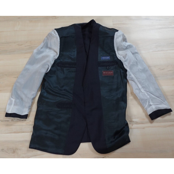 Trussini Men 40R Blazer Wool Three Button Single Breasted Navy Blue Window Pane - Picture 3 of 14